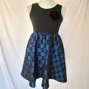 GIRL'S BLUE POLKA DOT SHIMMER SLEEVELESS MINI KNIT BLACK TOP DRESS SZ XL